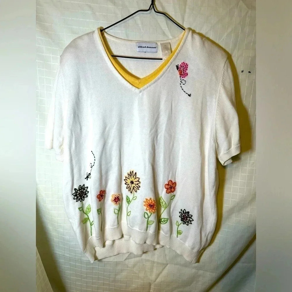 Alfred Dunner XL Blouse Shirt Embroidered Butterfly Flowers White Short Sleeve